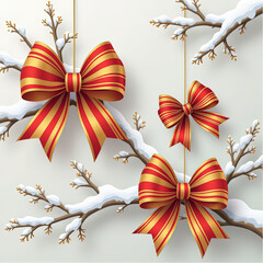Wallpaper with large, golden and red, striped bows cascading across snowy branches, a reinterpretation of traditional Christmas decoration.eps
