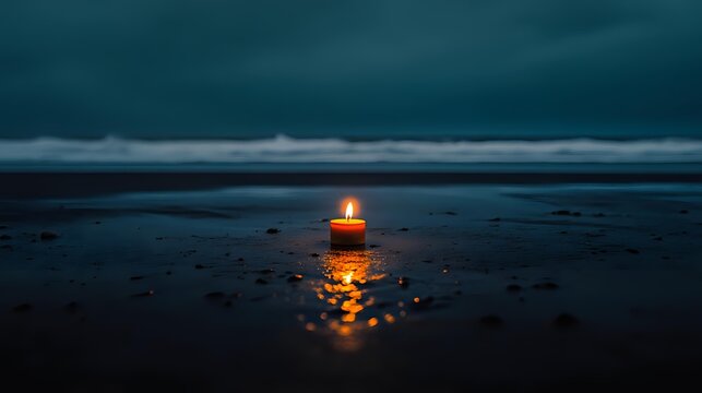 Solitary candle flame glowing on dark beach at twilight, ocean waves in background creating atmospheric mood for meditation or remembrance.