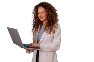 Woman standing, typing on a laptop, smiling, performing remote work and achieving business success, transparent background