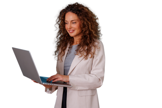 Woman standing, typing on a laptop, smiling, performing remote work and achieving business success, transparent background
