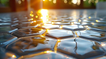 Sunlight reflecting on hexagonal water surface creating golden bokeh effect and geometric patterns at sunset.