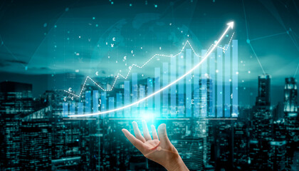 A hand reaching towards a digital graph symbolizing financial growth over a futuristic city skyline. This image represents progress, innovation, and analytics. Impute