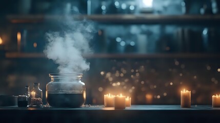 Mystical alchemy setup with steaming potion in glass jar surrounded by glowing candles on dark table against blurred night background.