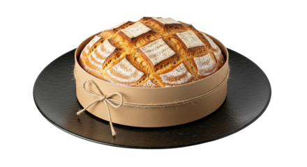 A beautiful round loaf of freshly baked artisan sourdough bread with a scored crust, presented in a rustic paper mold with a twine bow on a dark plate against a black background