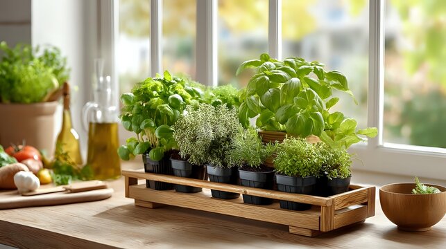 Fresh herbs growing in pots on wooden tray by sunny kitchen window with olive oil and vegetables, creating cozy home garden atmosphere.