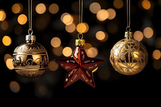 Elegant Christmas ornaments hanging against blurred golden bokeh lights, featuring gold baubles and a red star decoration. - Powered by Adobe