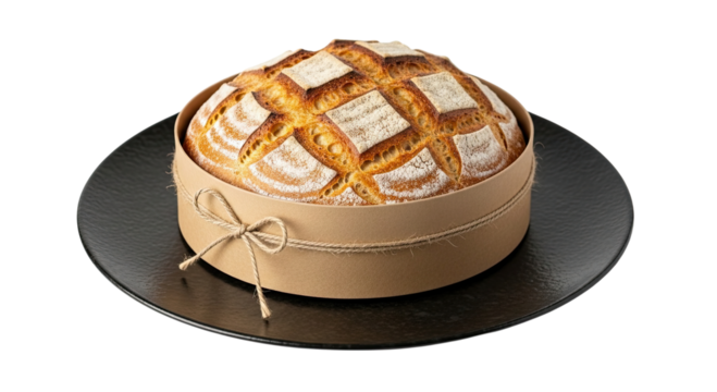 A beautiful round loaf of freshly baked artisan sourdough bread with a scored crust, presented in a rustic paper mold with a twine bow on a dark plate against a black background