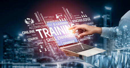 A visually engaging representation of digital training and skill enhancement. A hand holds a laptop amidst urban scenery, illustrating modern learning and development strategies. Tessel