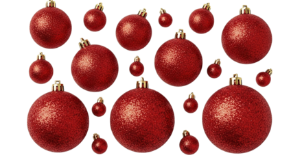 A festive pattern of sparkling red glitter Christmas baubles of various sizes floating against a solid black background, creating a classic holiday season decoration concept