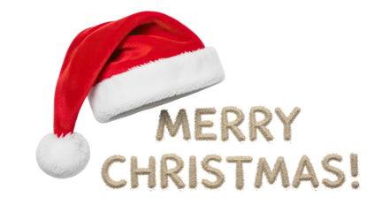 A vibrant red Santa hat with a fluffy white brim and pom-pom is displayed alongside the sparkling 'MERRY CHRISTMAS!' text, rendered in a unique sandy texture against a clean black background