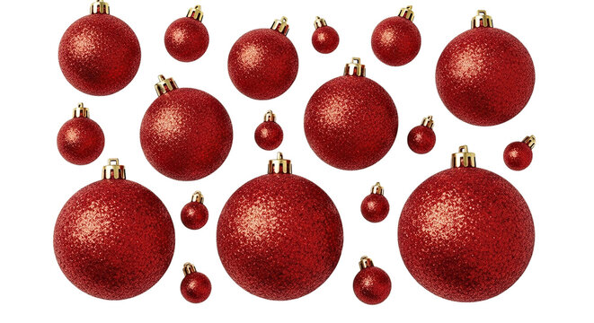 A festive pattern of sparkling red glitter Christmas baubles of various sizes floating against a solid black background, creating a classic holiday season decoration concept - Powered by Adobe