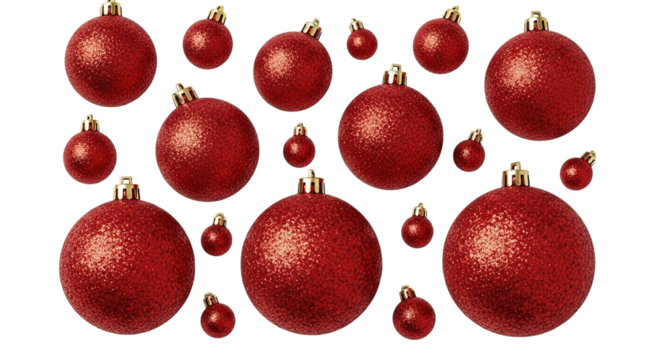 A festive pattern of sparkling red glitter Christmas baubles of various sizes floating against a solid black background, creating a classic holiday season decoration concept
