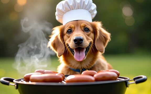cheerful dog wearing chef hat stands by barbecue grill, surrounded by delicious food like sausages and skewers. scene is lively and perfect for summer cookout. High quality