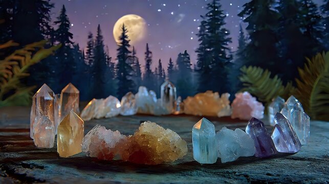 Healing crystal collection arranged in circle against mystical forest backdrop with full moon and starry night sky.