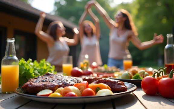 Backyard Dinner Table with Tasty Grilled Barbecue Meat, Fresh Vegetables and Salads. Happy Joyful People Dancing to Music, Celebrating and Having Fun in the Background on House Porch. High quality