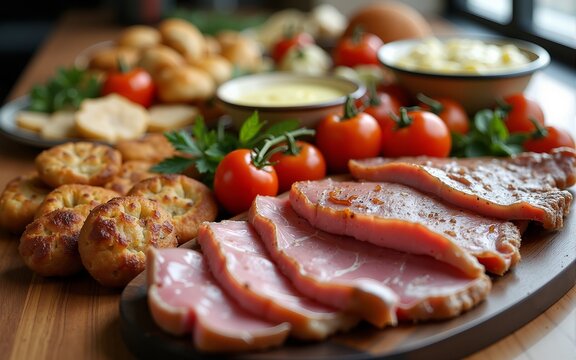 A hearty assortment of meats, sides, and snacks arranged beautifully on a table, ideal for gatherings that celebrate togetherness and comfort in food-sharing experiences. High quality