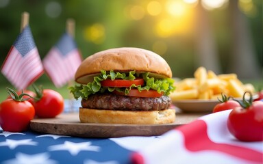 Happy family Independence Day celebration backyard BBQ. Festive red white blue decorations set for summer holiday picnic party. Delicious burger, fresh tomatoes, American flag on table. Sunny outdoor