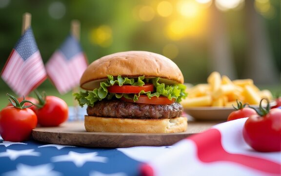 Happy family Independence Day celebration backyard BBQ. Festive red white blue decorations set for summer holiday picnic party. Delicious burger, fresh tomatoes, American flag on table. Sunny outdoor