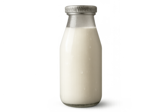 Milk bottle with drops on glass, fresh dairy beverage, healthy liquid food drink, transparent background - Powered by Adobe