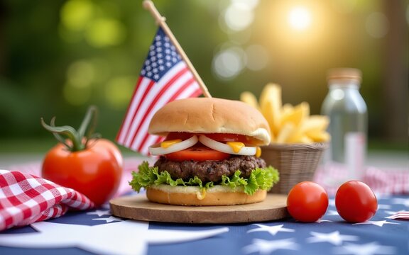Happy family Independence Day celebration backyard BBQ. Festive red white blue decorations set for summer holiday picnic party. Delicious burger, fresh tomatoes, American flag on table. Sunny outdoor