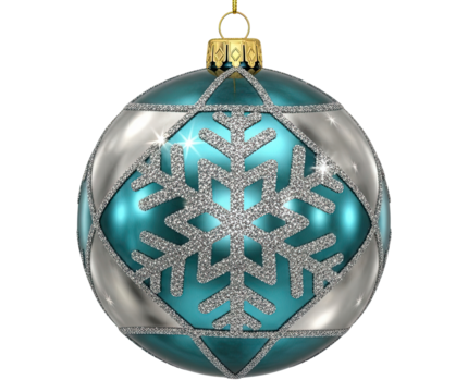 Close-up of a festive turquoise and silver glass Christmas ball ornament decorated with a shiny glitter snowflake and diamond pattern, isolated on a black background