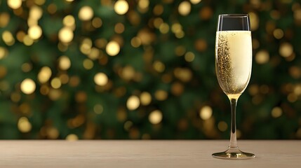 Elegant champagne flute with sparkling wine against festive bokeh background, perfect for celebration themes and holiday designs.