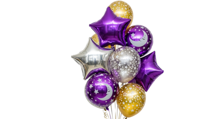 Shiny Foil Balloons, with Star Moon and Celestial Patterns, PNG isolated on transparent background