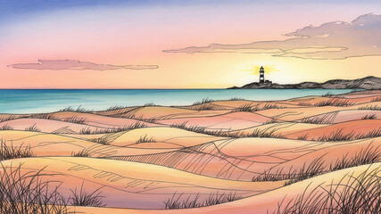 Beach with Sand Dunes and Lighthouse Watercolor