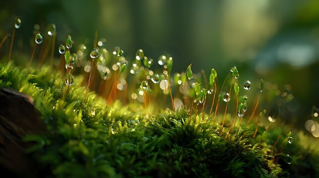 Dew drops glistening on tiny moss sporophytes in morning light, creating magical forest microworld atmosphere for nature photography.
