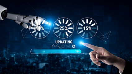 An AI system update and machine learning model training. A progress bar and loading icons showing the AI update percentage and status. Motif