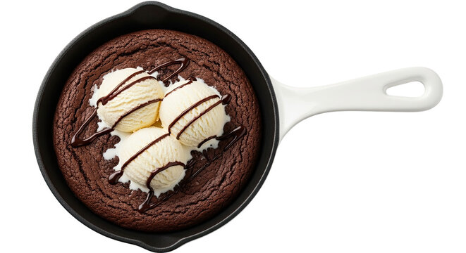 A delicious warm chocolate skillet brownie topped with three scoops of vanilla ice cream and drizzled with chocolate sauce, served in a cast iron pan isolated on a black background - Powered by Adobe