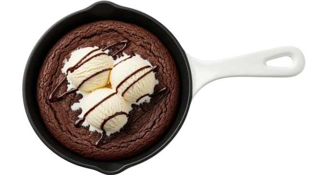 A delicious warm chocolate skillet brownie topped with three scoops of vanilla ice cream and drizzled with chocolate sauce, served in a cast iron pan isolated on a black background