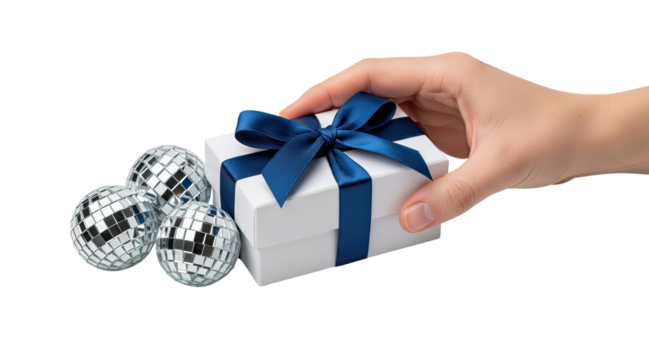 A person's hand holds a white gift box with a blue satin ribbon next to shiny disco balls, creating a festive and celebratory concept isolated on a black background