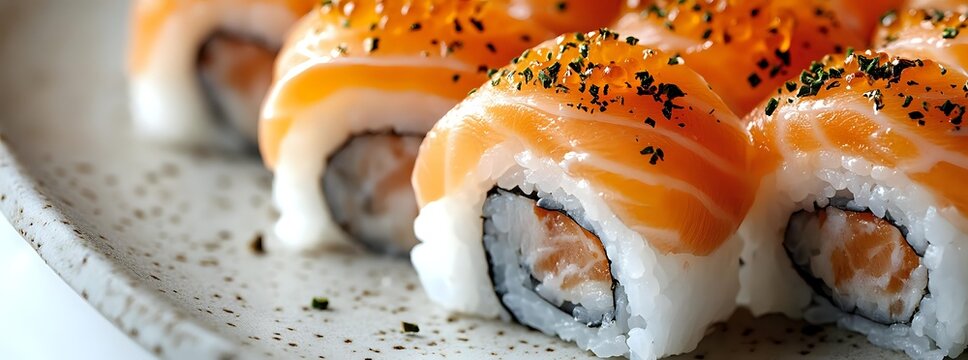 Delicious salmon sushi rolls with fresh fish, rice, and black sesame seeds on white plate. Japanese cuisine appetizer for restaurant menu.