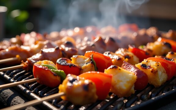 The sizzling barbecue grill with vibrant skewers and juicy meats. High quality