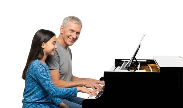 A happy senior man teaching his young granddaughter how to play the piano, smiling together during a music lesson isolated on a black background