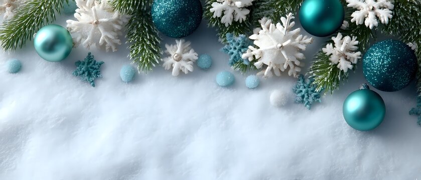 Festive winter border with teal ornaments, white snowflakes, and pine branches on snow background, creating elegant holiday atmosphere. - Powered by Adobe