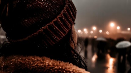 Person in knit hat and coat watching city lights reflect on wet pavement during rainy night, creating atmospheric urban scene.