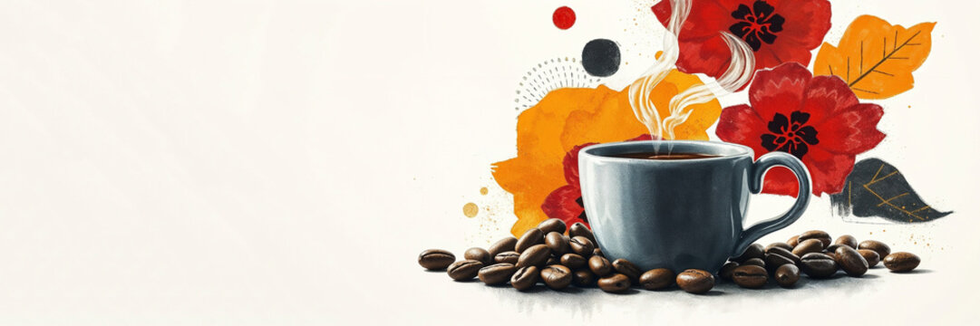 Painting of steaming coffee cup and roasted coffee beans against colorful background in floral style, with copy space for text on neutral background
