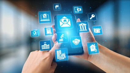 Online property search icons showing real estate rent, sale, housing, location, property management, key, contract, mortgage, home loan, and housing market. Gist