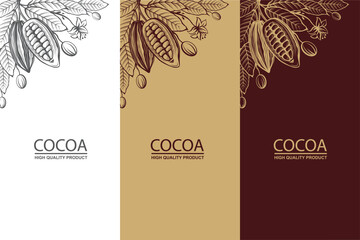 collection of cocoa packages with beans, branch and leaves