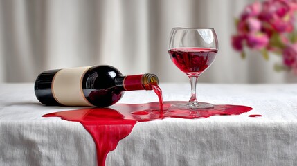 Bottle of red wine is poured into a glass, and the wine spills onto a table. The wine is red and the tablecloth is white