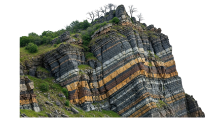 A rugged cliff face with visible geological strata in colorful layers of sedimentary rock, featuring green grass and trees on its peak, isolated against a solid black background