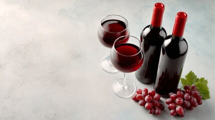 Bottle of red wine is next to two wine glasses filled with red wine