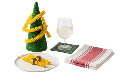 A creative holiday still life with a decorative green tree wrapped in a fusilli pasta garland, served with a pasta appetizer and a glass of white wine on a black background