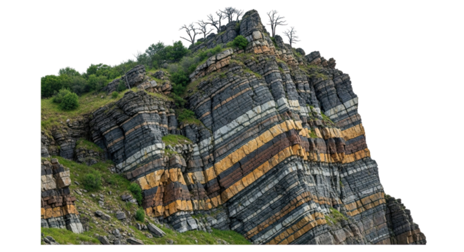 A rugged cliff face with visible geological strata in colorful layers of sedimentary rock, featuring green grass and trees on its peak, isolated against a solid black background