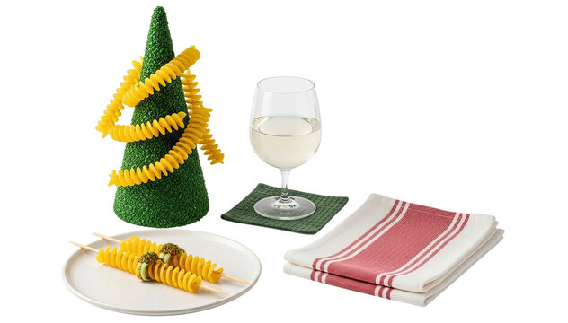 A creative holiday still life with a decorative green tree wrapped in a fusilli pasta garland, served with a pasta appetizer and a glass of white wine on a black background - Powered by Adobe