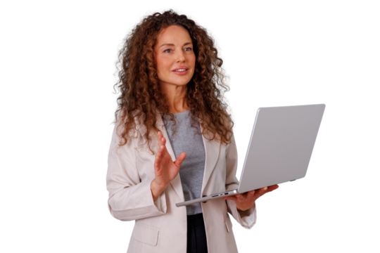 Businesswoman giving presentation, speaking and gesturing, holding laptop, confidence and professionalism, transparent background