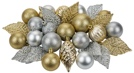 A beautiful arrangement of elegant gold and silver Christmas ornaments, including glittery baubles and decorative leaves, isolated on a solid black background for a festive holiday concept