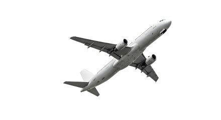 Obraz premium White passenger jet airplane, viewed from below ascending into the sky, PNG isolated on transparent background